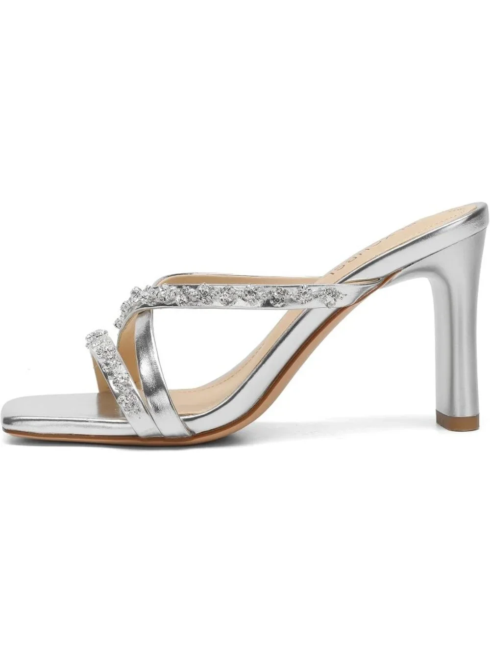 Women's Silver Slip On Chunky Heels Square Open Toe Heeled Sandals 3.2 Inch Heel